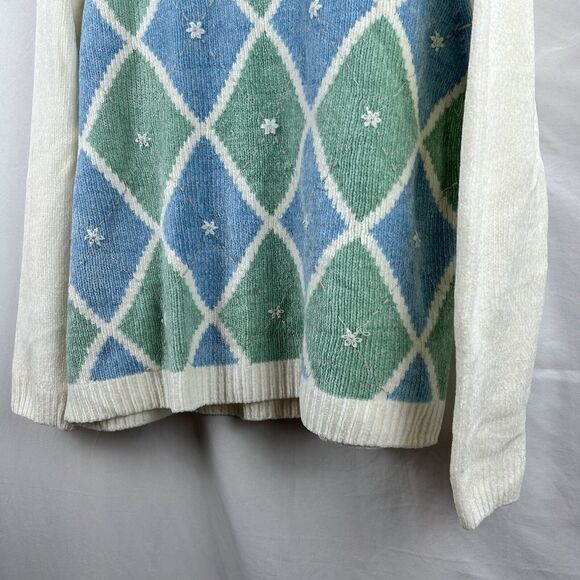 Alfred Dunner Sweater Medium Harlequin Argyle Blue Green Floral Holiday Soft - Picture 4 of 9